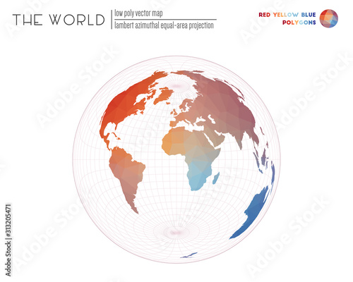 Low poly design of the world. Lambert azimuthal equal-area projection of the world. Red Yellow Blue colored polygons. Neat vector illustration.