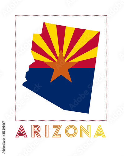 Arizona Logo. Map of Arizona with US state name and flag. Modern vector illustration.