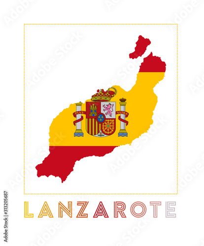 Lanzarote Logo. Map of Lanzarote with island name and flag. Beautiful vector illustration.
