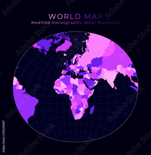 World Map. Modified stereographic projection for Europe and Africa. Digital world illustration. Bright pink neon colors on dark background. Attractive vector illustration.