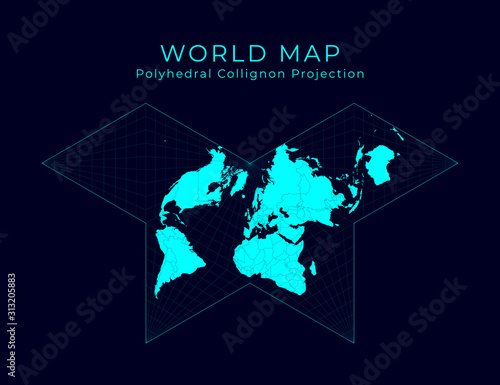 Map of The World. Collignon butterfly projection. Futuristic Infographic world illustration. Bright cyan colors on dark background. Stylish vector illustration.