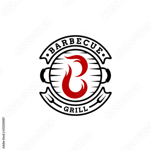 Vintage grilled barbecue logo. Retro BBQ vector. Fire letter B grill food and restaurant logo design © cahyo