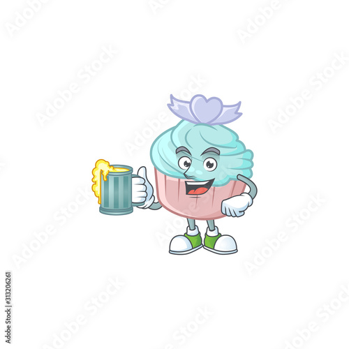 Happy vanilla blue love cupcake mascot design with a big glass