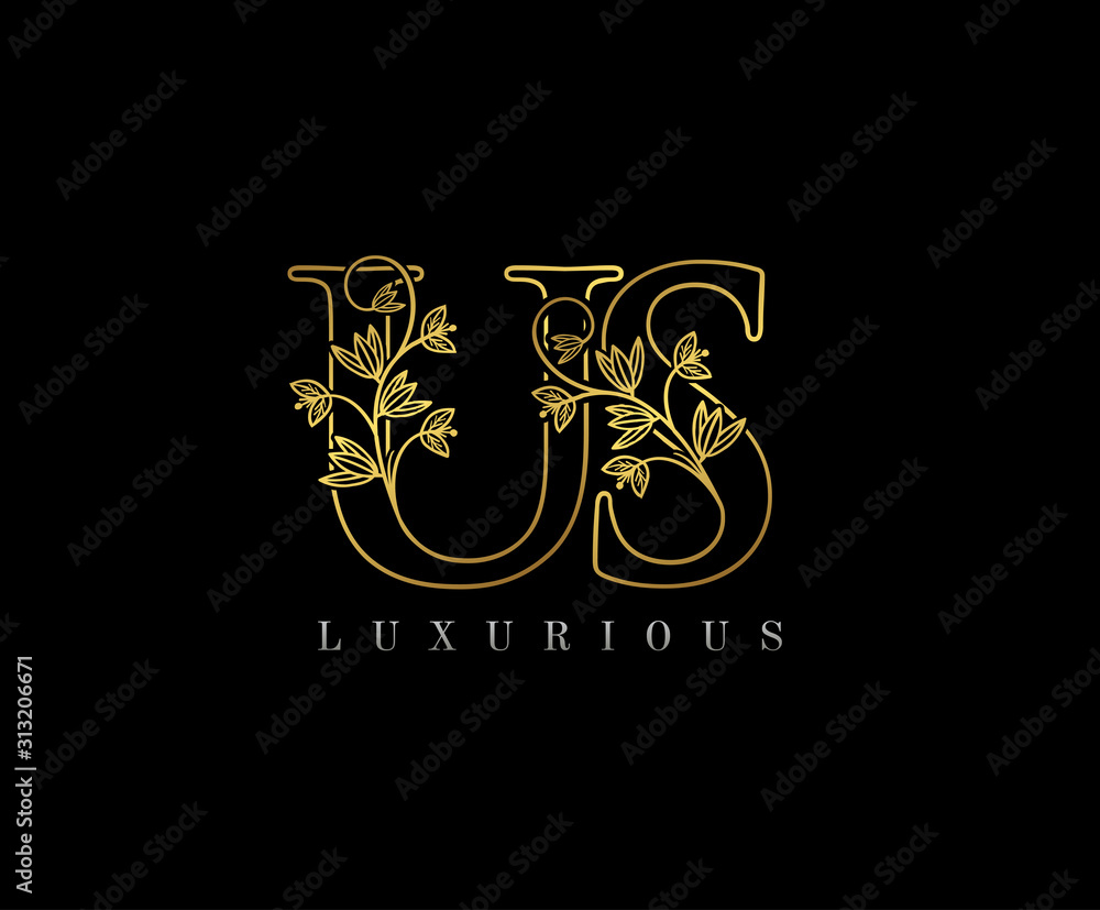 Golden U, S and US Letter Classy Floral Logo Icon, Elegant Design. Golden U, S and US Letter Classy Floral Logo Icon, Elegant Design.