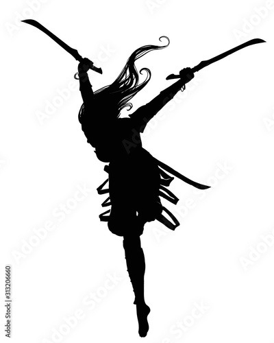 Silhouette of a graceful warrior girl with paired blades beautiful long hair, jumping on one leg. 2D illustration