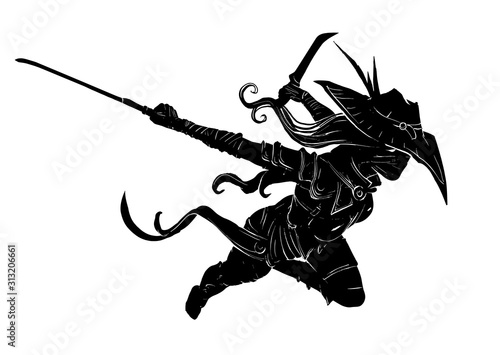 Elegant girl in a dynamic pose with paired blades in  a beautiful hat with a feather , with long hair and a tight leather suit, makes a leap forward. 2D illustration.