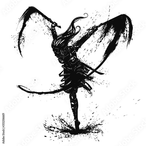 Silhouette of a graceful warrior girl with pair of blades beautiful long hair jumping on one leg and making a double cut leaving a trace of ink blots and splashes.