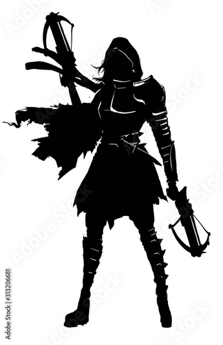 The silhouette of a girl in a hood with two small crossbows in her hands, in a ragged cloak and armor elements on her chest and shoulders. 2D illustration