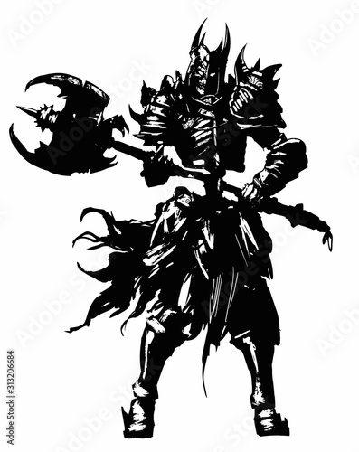 A skeleton knight with a huge axe in his hands, dressed in spiked armor and a helmet with horns, and a sinister skull inside, ragged rags hanging from the sides. 2D illustration.