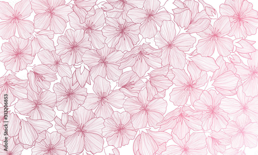 Vector horizontal background with line art sakura flowers. Hand drawn illustration of romantic sakura cherry blossom flower. Pink gold outline backdrop with cherry flower.