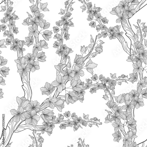 Fototapeta Naklejka Na Ścianę i Meble -  Sakura branch with flowers line art vector seamless pattern on white background. Spring repeated background with japanese cherry branch and flowers in outline. Romantic spring background. 