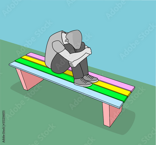 the guy is sitting on a bench, upset or depressed. vector illustration.