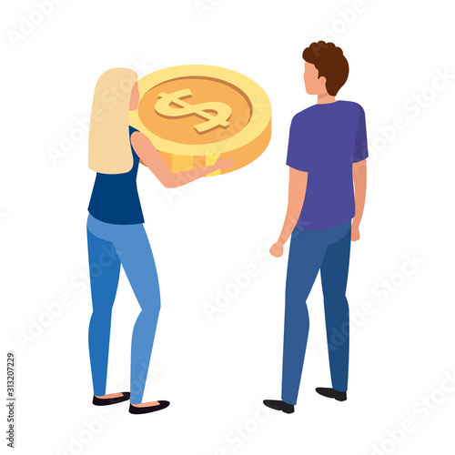 back young couple with coin cash