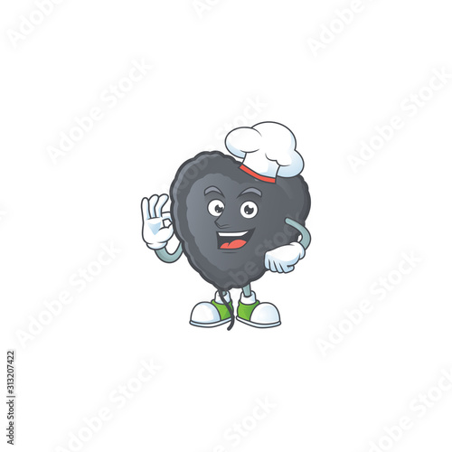 Black love balloon cartoon character wearing costume of chef and white hat