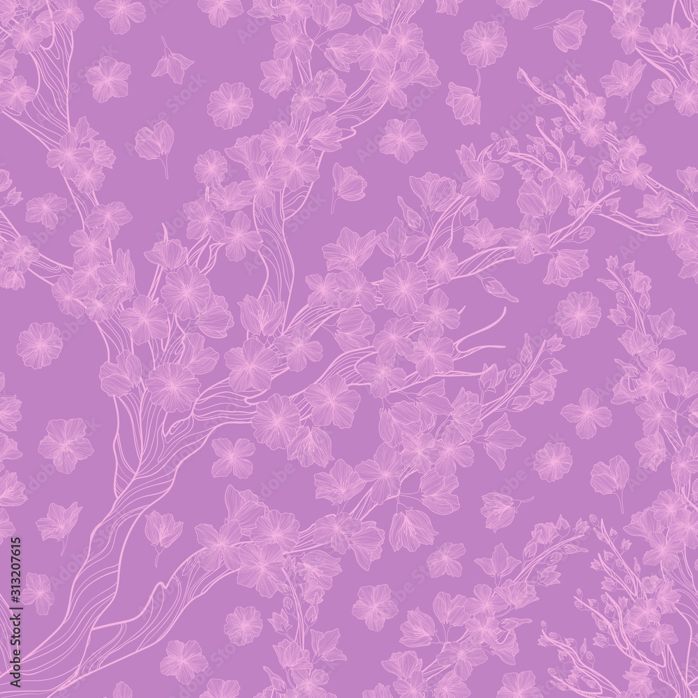 Sakura branch with flowers line art vector seamless pattern on violet background. Spring repeated background with japanese cherry branch and flowers in outline. Romantic spring background.