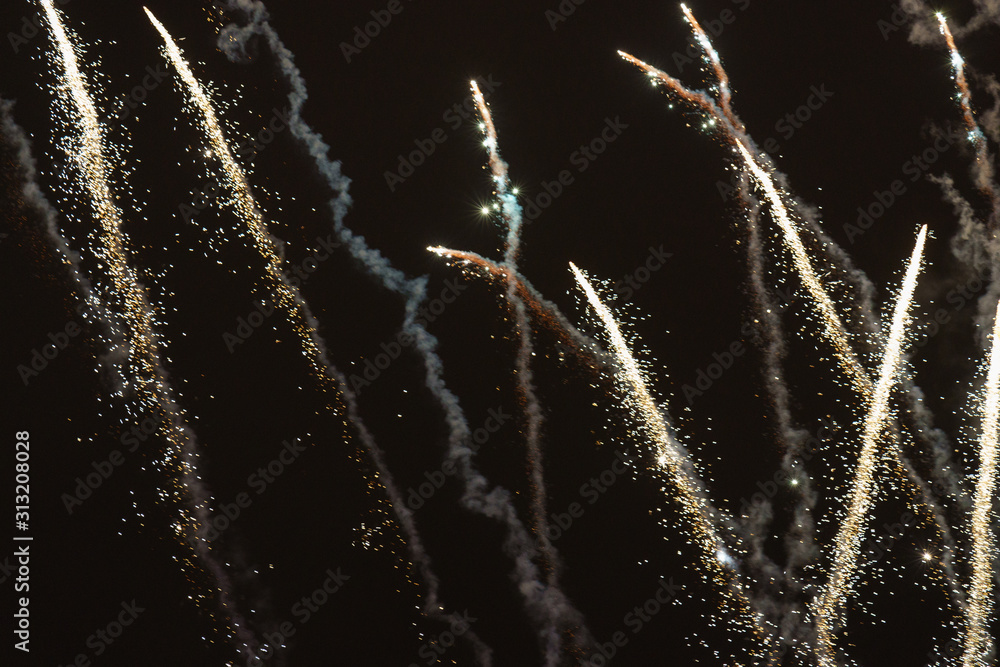 Obraz premium Fireworks on New Year's Eve on a city sky. Celebration of New Year 2020 in VDNkH in night. Holidays and lifestyles concepts.