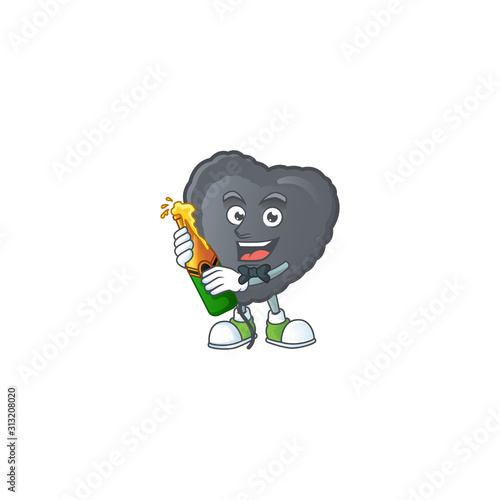 mascot cartoon design of black love balloon with bottle of beer