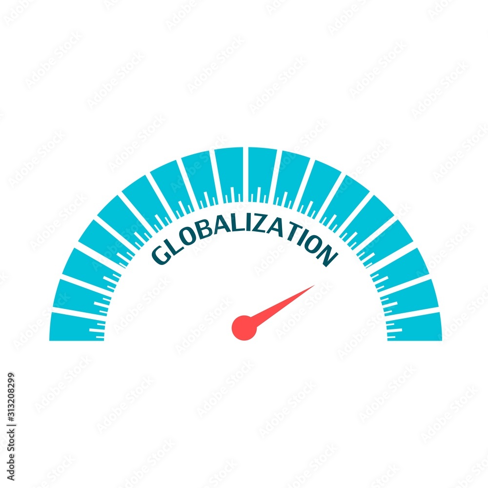 Scale with arrow. Globalization level measuring device icon. Sign tachometer, speedometer, indicators. Infographic gauge element. Scale with arrow. Globalization level measuring device icon. Sign tachometer, speedometer, indicators. Infographic gauge element.