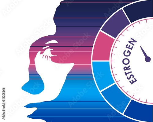 Hormone estrogen level measuring scale. Health care concept illustration. Head of woman silhouette.