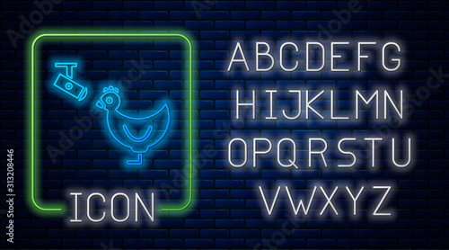 Glowing neon Chicken farm and wireless Controlling CCTV security camera icon isolated on brick wall background. Neon light alphabet. Vector Illustration