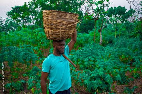 young black happy farmer carrying a basket on his head  photo