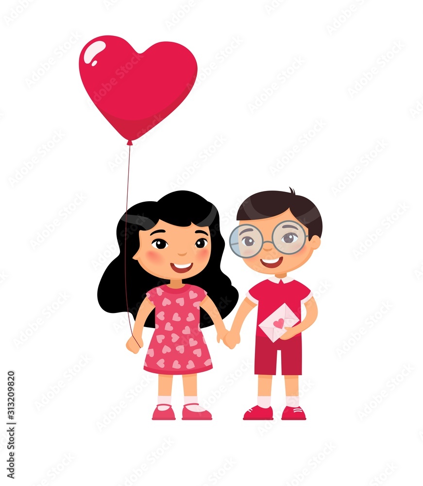 Little boyfriend and girlfriend celebrating Valentines Day flat vector illustrations. Young love. February 14 date isolated design element. Cute boy and girl holding hands characters on white Little boyfriend and girlfriend celebrating Valentines Day flat vector illustrations. Young love. February 14 date isolated design element. Cute boy and girl holding hands characters on white