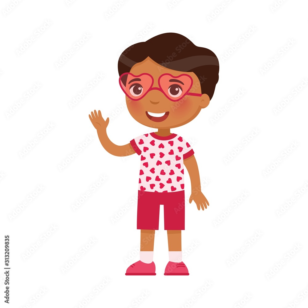 Little Boy in heart shaped glasses flat vector illustration. Smiling child character waving hello. February 14 holiday isolated design element. Valentines Day. Kid in festive pink sunglasses