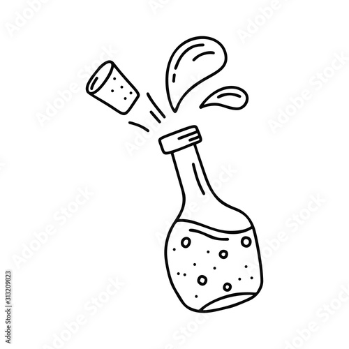Open bottle with flying cork and splash on white background. Hand drawn vector concept. Contour illustration in doodle style. Cartoon outline beverage, liquid, oil or sauce. Isolated icon