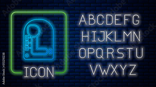 Glowing neon Gear shifter icon isolated on brick wall background. Transmission icon. Neon light alphabet. Vector Illustration