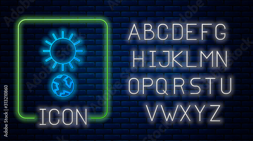 Glowing neon Solstice icon isolated on brick wall background. Neon light alphabet. Vector Illustration