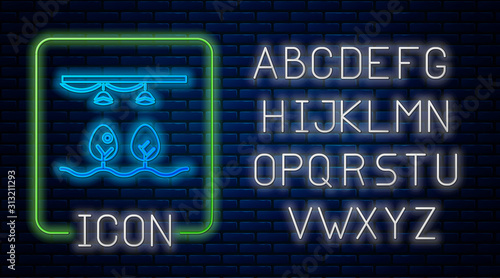 Glowing neon Smart farm with light bulb and plant symbol icon isolated on brick wall background. Neon light alphabet. Vector Illustration