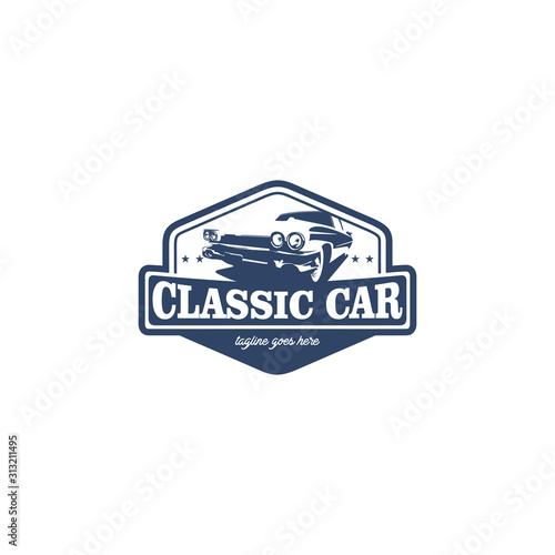 Classic car logo template, service car repair, car restoration and car club design elements. vintage style for label or badge retro illustration. classic muscle car logo, emblems, badges.