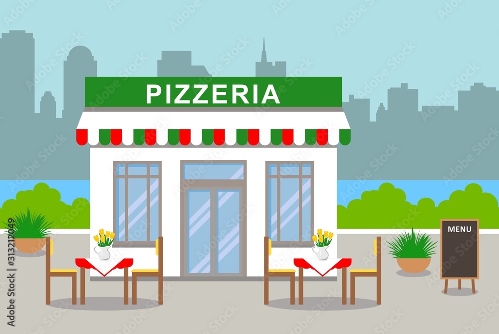Pizzeria building. Facade of house. Pizzeria with outside tables and city landscape. Summer season. Pizzeria building. Facade of house. Pizzeria with outside tables and city landscape. Summer season.