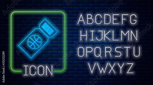Glowing neon Basketball game ticket icon isolated on brick wall background. Neon light alphabet. Vector Illustration