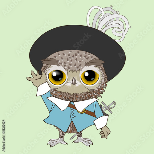 cool owl in a musketeer costume with a sword stands and straightens his hat with feathers, color vector detailed
