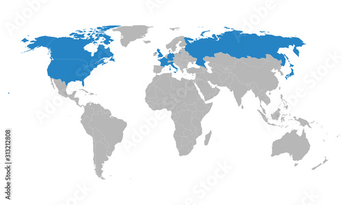 G8 member countries geographical map highlighted blue on world map. Perfect for background, backdrop, chart, business concepts, label, sticker, poster, banner and wallpapers.