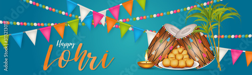 Lohri holiday background, Indian festival. Website header or banner. Realistic vector illustration.