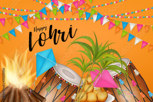 Happy Lohri - holiday background design, Indian festival. Realistic vector illustration.