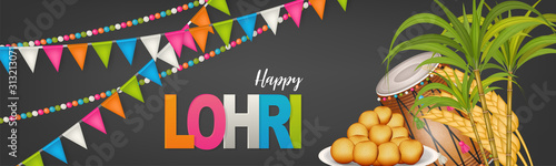 Lohri holiday background, Indian festival. Website header or banner. Realistic vector illustration.