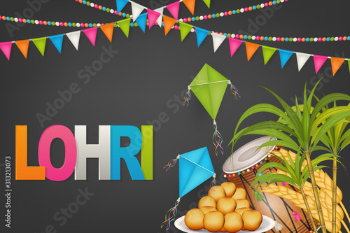 Lohri holiday background, Indian festival. Realistic vector illustration.
