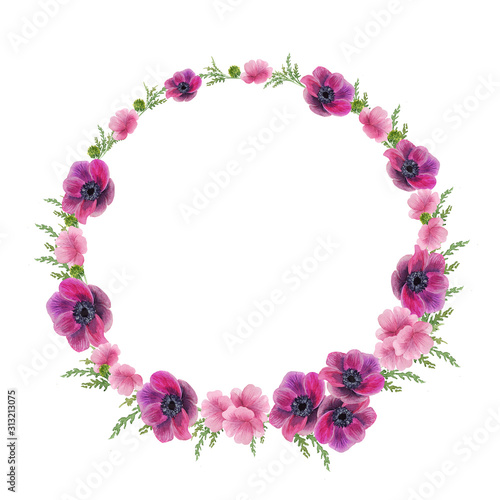 Floral summer or spring round-shaped frame decorated with purple and pink anemones,small green twigs, for greeting cards,wedding,romantic theme. Watercolor elements hand drawn. Рlace for inscriptions.