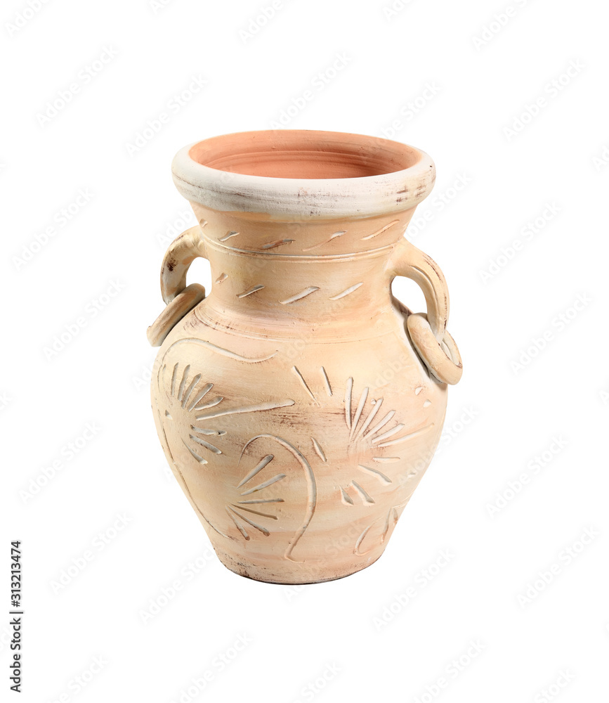 Painted clay amphora. Isolated on white background.