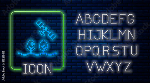 Glowing neon Smart farm with drone control and tree icon isolated on brick wall background. Innovation technology for agricultural company. Neon light alphabet. Vector Illustration