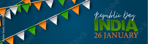 India Republic Day background. Website header or banner template. National Indian holiday design concept with oranbe, green, and white bunting, confetti, and ringlets. Vector illustration.