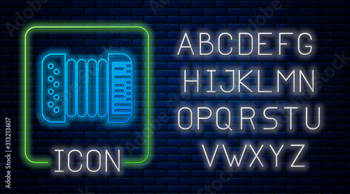 Glowing neon Musical instrument accordion icon isolated on brick wall background. Classical bayan, harmonic. Neon light alphabet. Vector Illustration
