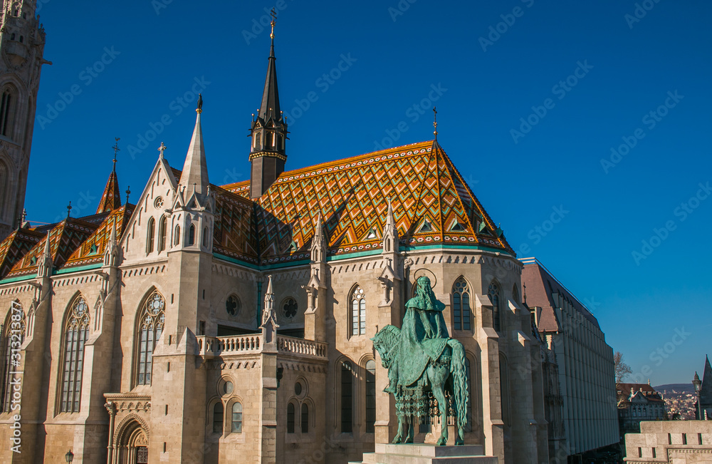 Detail of Matthias Church, located in Budapest, Hungary, in front of the Fisherman's Bastion at the hill of Buda's Castle District 