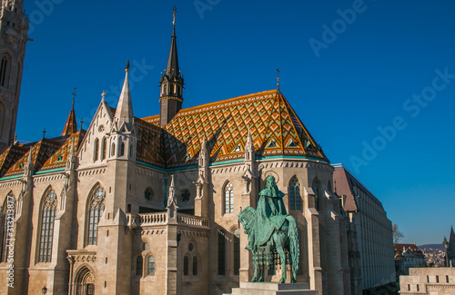 Detail of Matthias Church, located in Budapest, Hungary, in front of the Fisherman's Bastion at the hill of Buda's Castle District 