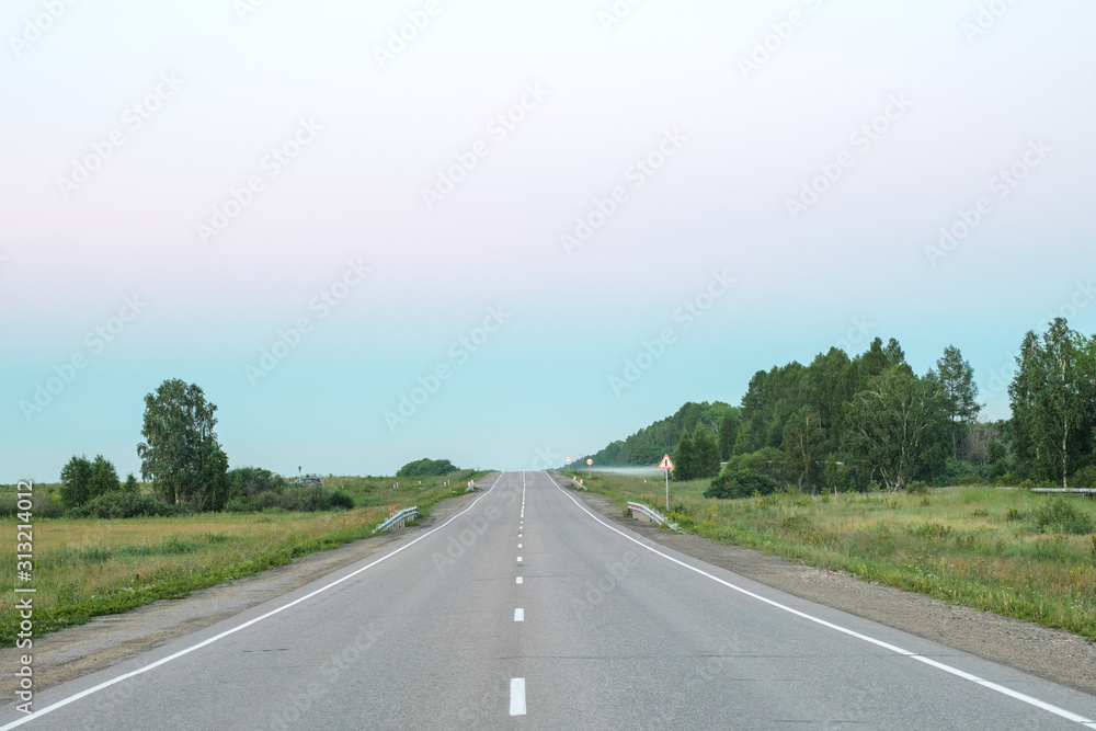 Fototapeta premium the road goes into the distance in the fog on the horizon on the sides of the grass grows and road signs during sunset