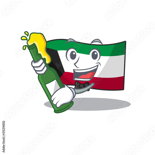 mascot cartoon design of flag kuwait with bottle of beer