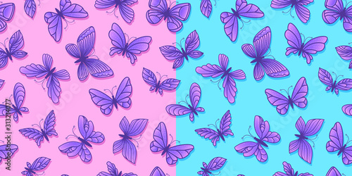 Butterfly set seamless pattern. Butterflies Flying isolated on blue and pink background. Abstract surface design. Vector hand drawn stock illustrations.